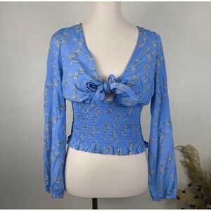 Love Tree Women's Blue Top Size M White Floral Print Long Sleeve Casual Blouse